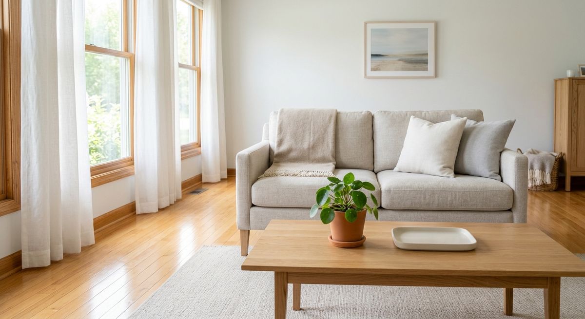Freshly cleaned living room with a neutral sofa, gleaming wood floor, and morning light through sheer curtains