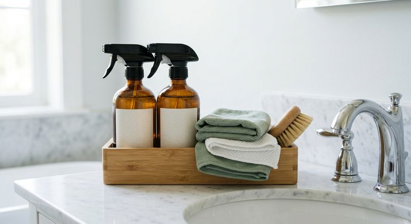 Caddy of cleaning supplies with folded microfiber cloths and a bristle brush on a marble bathroom counter