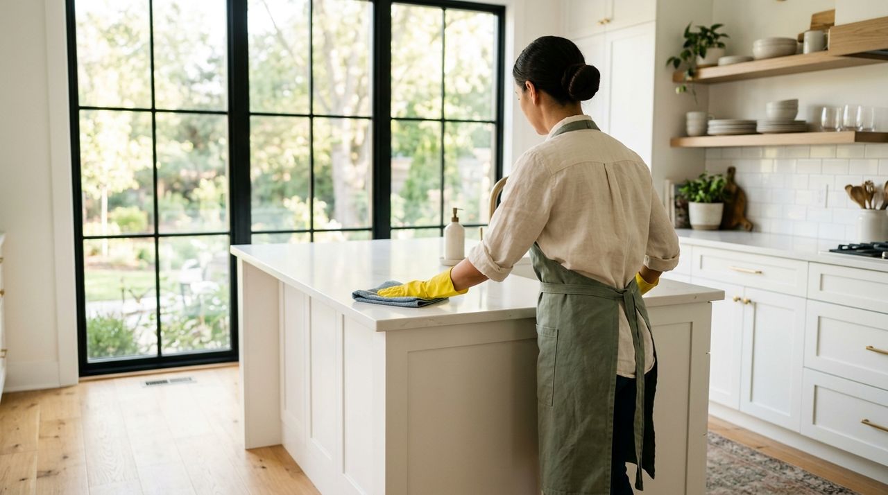 Cleaner in a sage apron and yellow gloves wiping down a white kitchen island in a sunlit kitchen